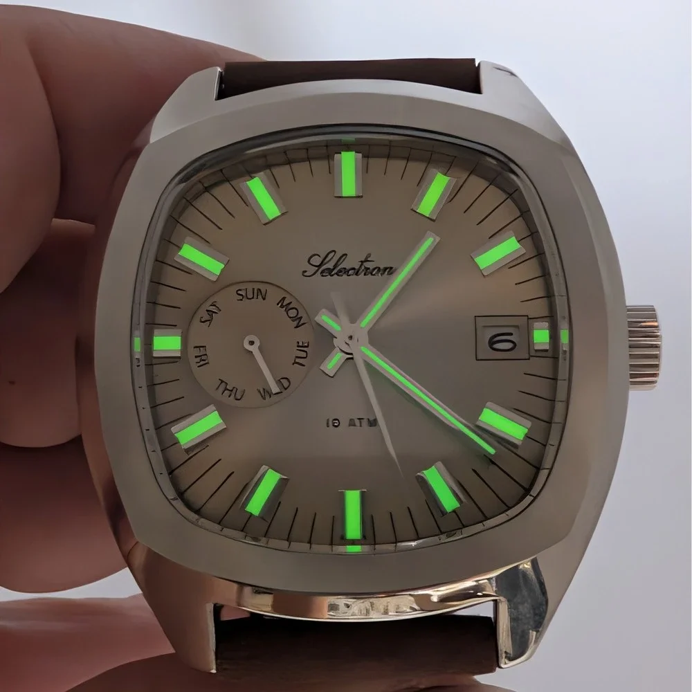 Selectron Cubic SCUB-10 Day Date Watch Taupe Sunburst 10 ATM Leather Strap Lume‎